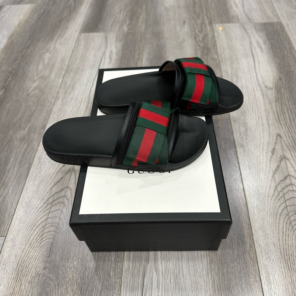 Gucci Black Slides with Red and Green Stripes